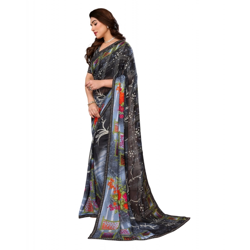 Women's Georgette Printed Saree With Unstitched Blouse 5.5Mtr (Black) Women's Georgette Printed Saree With Unstitched Blouse 5.5Mtr (Black)