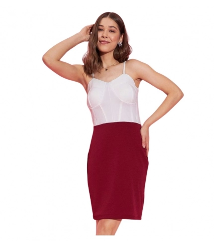 Generic Women's Polyester Lycra Color Blocking Shoulder Straps Dress (White - Maroon)