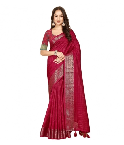 Generic Women's Cotton Blend Checkered Saree With Unstitched Blouse 5.5Mtr (Red)