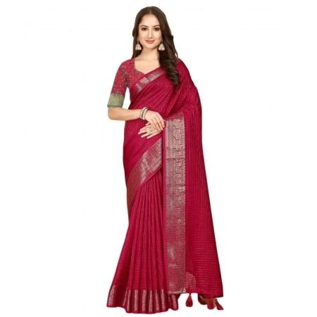 Generic Women's Cotton Blend Checkered Saree With Unstitched Blouse 5.5Mtr (Red)