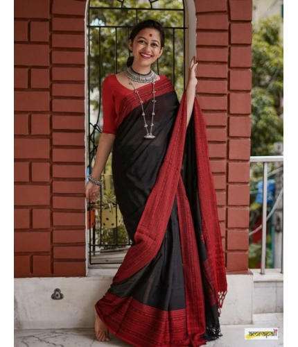 Generic Women's Soft Lilan Printed Saree With Unstitched Blouse 5.5Mtr (Black)