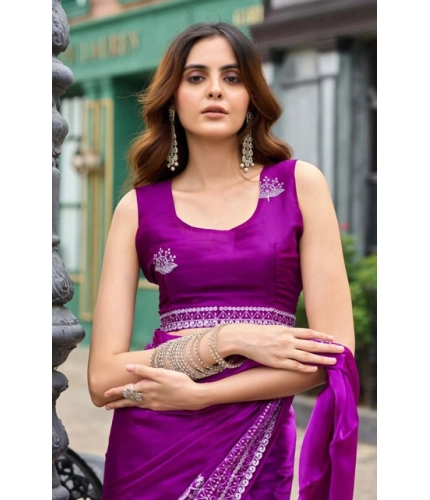Generic Women's Faux Shimmer Floral Embroidery Ready to wear Saree With Unstitched Blouse 5.5Mtr (Purple)