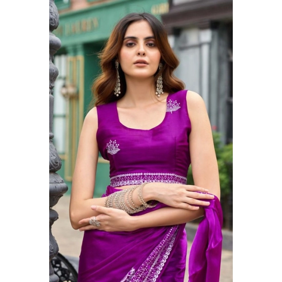Generic Women's Faux Shimmer Floral Embroidery Ready to wear Saree With Unstitched Blouse 5.5Mtr (Purple) Generic Women's Faux Shimmer Floral Embroidery Ready to wear Saree With Unstitched Blouse 5.5Mtr (Purple)