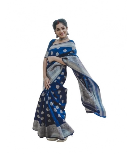 Generic Women's Soft Lichi Silk Printed Saree With Unstitched Blouse 5.5Mtr (Blue)