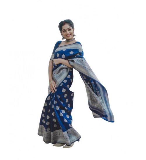Generic Women's Soft Lichi Silk Printed Saree With Unstitched Blouse 5.5Mtr (Blue)