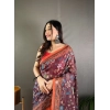 Generic Women's Linen Printed Saree With Unstitched Blouse 5.5Mtr (Brown)
