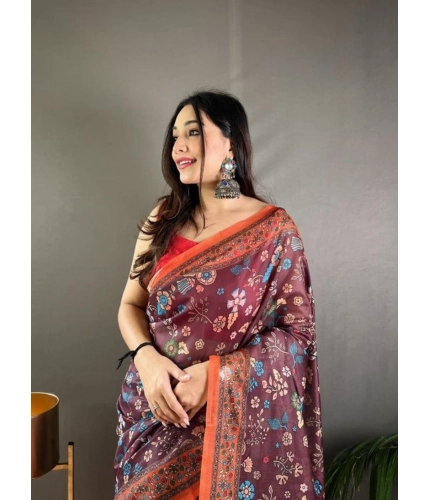Generic Women's Linen Printed Saree With Unstitched Blouse 5.5Mtr (Brown)