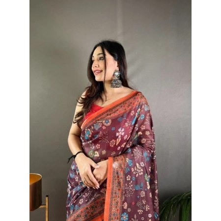 Generic Women's Linen Printed Saree With Unstitched Blouse 5.5Mtr (Brown)