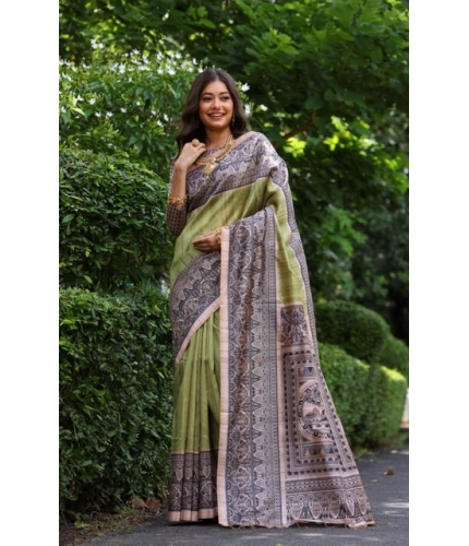 Generic Women's Faux_Tussar Ethnic_Print Saree With Unstitched Blouse 5.5Mtr (Olive)