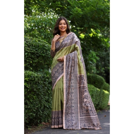 Generic Women's Faux_Tussar Ethnic_Print Saree With Unstitched Blouse 5.5Mtr (Olive)