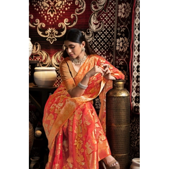 Generic Women's Organza Woven Saree With Unstitched Blouse 5.5Mtr (Red)