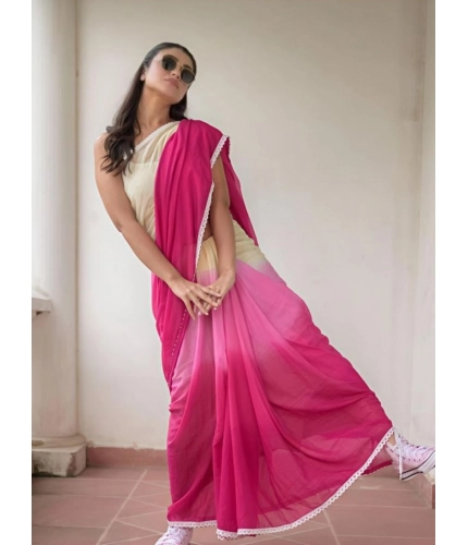 Generic Women's Linen Printed Saree With Unstitched Blouse 5.5Mtr (Pink)