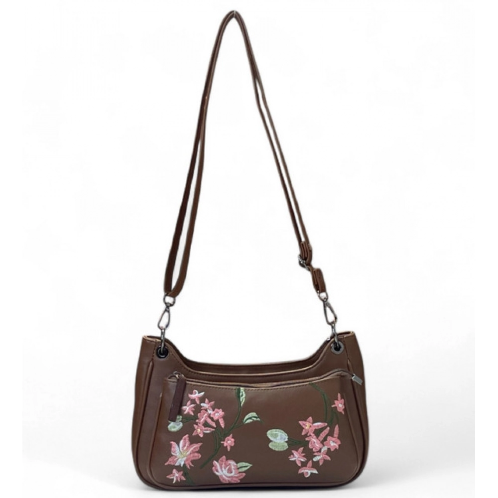 Generic Women's Polyurethane Floral Embroidered Crossbody Sling Bag with Adjustable & Removable Strap (Brown)