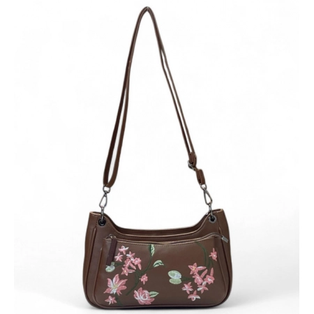 Generic Women's Polyurethane Floral Embroidered Crossbody Sling Bag with Adjustable &amp; Removable Strap (Brown)