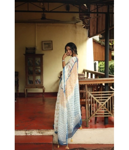 Generic Women's Linen Printed Saree With Unstitched Blouse 5.5Mtr (White)