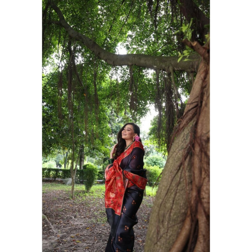 Generic Women's Faux_Tussar_Silk Printed Saree With Unstitched Blouse 5.5Mtr (Black)