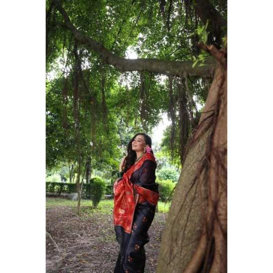 Generic Women's Faux_Tussar_Silk Printed Saree With Unstitched Blouse 5.5Mtr (Black)