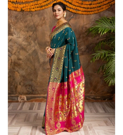 Generic Women's Silk Blend Zari Weaving Saree With Unstitched Blouse 5.5Mtr (Dark-Green)