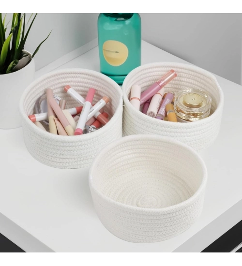 Generic Cotton 8x3 Inch Round 3 Set Bedside Organizer With Out Lid (White)