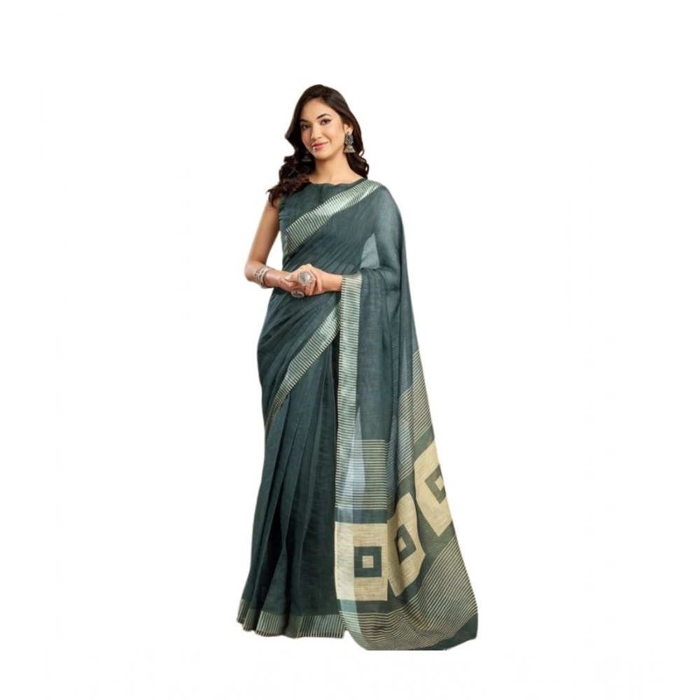 Generic Women's Linen Cotton Printed Ready To Wear Saree With Unstitched Blouse 5.5 Mtr (Light_Teal)
