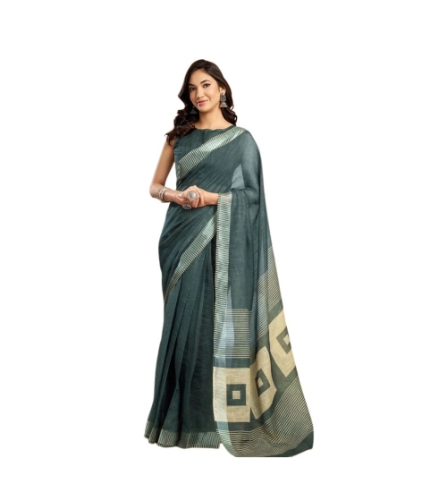 Generic Women's Linen Cotton Printed Ready To Wear Saree With Unstitched Blouse 5.5 Mtr (Light_Teal)