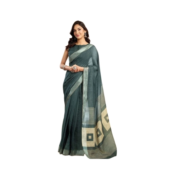Generic Women's Linen Cotton Printed Ready To Wear Saree With Unstitched Blouse 5.5 Mtr (Light_Teal)