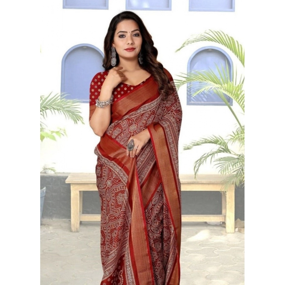 Generic Women's Cotton Silk Printed Saree With Unstitched Blouse 5.5Mtr (Maroon) Generic Women's Cotton Silk Printed Saree With Unstitched Blouse 5.5Mtr (Maroon)