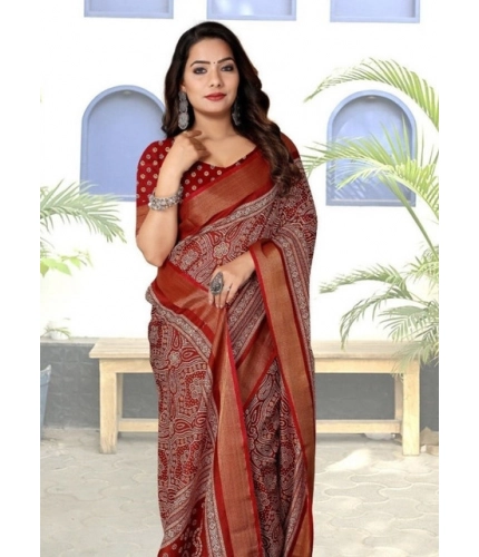 Generic Women's Cotton Silk Printed Saree With Unstitched Blouse 5.5Mtr (Maroon)