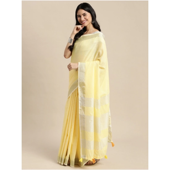 Generic Women's Linen Cotton Printed Saree With Unstitched Blouse 5.5Mtr (Yellow)