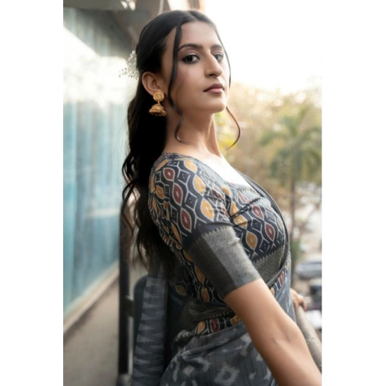 Generic Women's Polyester Printed Saree With Unstitched Blouse 5.5 Mtr (Grey)