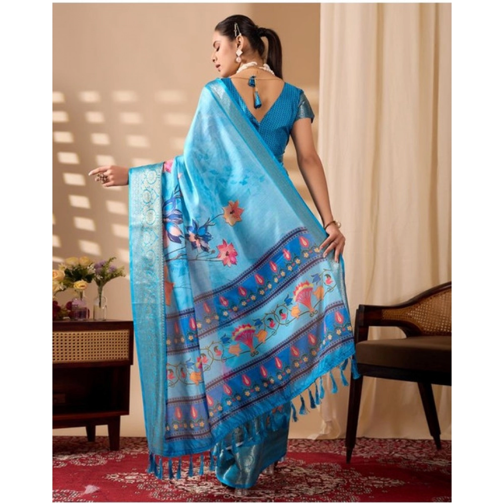 Generic Women's Faux_Silk Printed Saree With Unstitched Blouse 5.5Mtr (Sky_Blue)