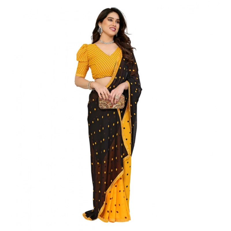 Women's Georgette Printed Saree With Unstitched Blouse 5.5Mtr (Black-Yellow)
