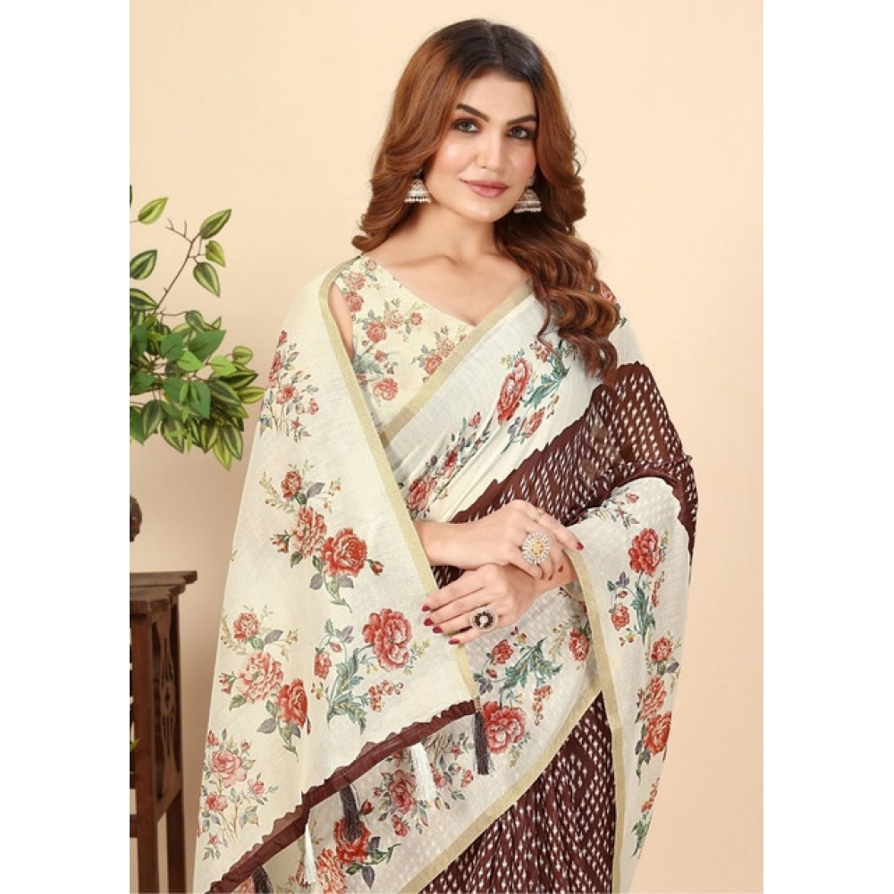 Women’s Chanderi Floral Printed Saree With Unstitched Blouse 5.5Mtr (Maroon)