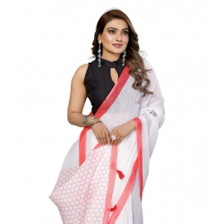 Generic Women's Linen Cotton Printed Saree With Unstitched Blouse 5.5Mtr (White)