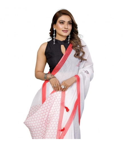 Generic Women's Linen Cotton Printed Saree With Unstitched Blouse 5.5Mtr (White)