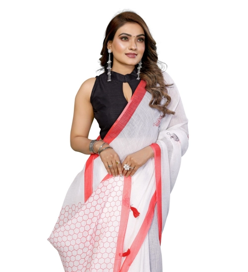 Generic Women's Linen Cotton Printed Saree With Unstitched Blouse 5.5Mtr (White)