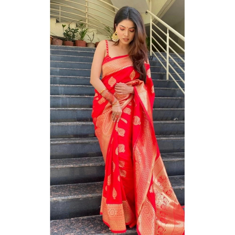 Generic Women's Soft Litchi Silk Jacquard Work Saree With Unstitched Blouse 5.5Mtr (Red) Generic Women's Soft Litchi Silk Jacquard Work Saree With Unstitched Blouse 5.5Mtr (Red)