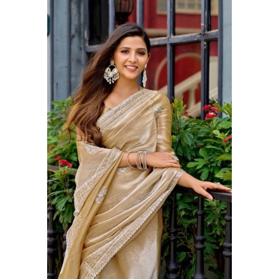Generic Women's Faux Shimmer Floral Motifs Ready to wear Saree With Unstitched Blouse 5.5Mtr (Beige) Generic Women's Faux Shimmer Floral Motifs Ready to wear Saree With Unstitched Blouse 5.5Mtr (Beige)