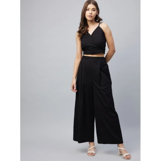 Generic Women's Cotton Linen Solid Sleeveless Crop Top and Palazzo Set (Black)