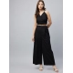 Generic Women's Cotton Linen Solid Sleeveless Crop Top and Palazzo Set (Black)