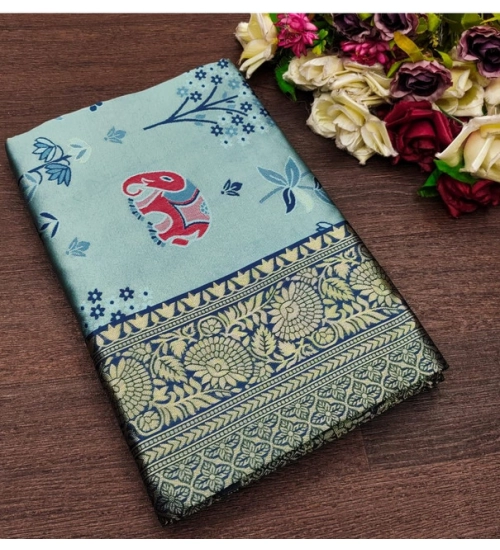 Generic Women's Soft Litchi Silk Jacquard Work Saree With Unstitched Blouse 5.5Mtr (Light Blue)