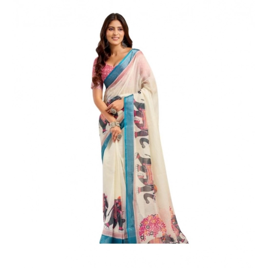 Generic Women's Linen Cotton Printed Ready To Wear Saree With Unstitched Blouse 5.5 Mtr (Cream)
