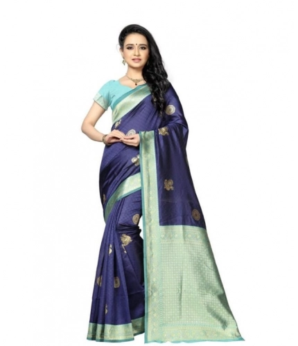 Generic Women's Soft Lichi Silk Printed Saree With Unstitched Blouse 5.5Mtr (Navy Blue)