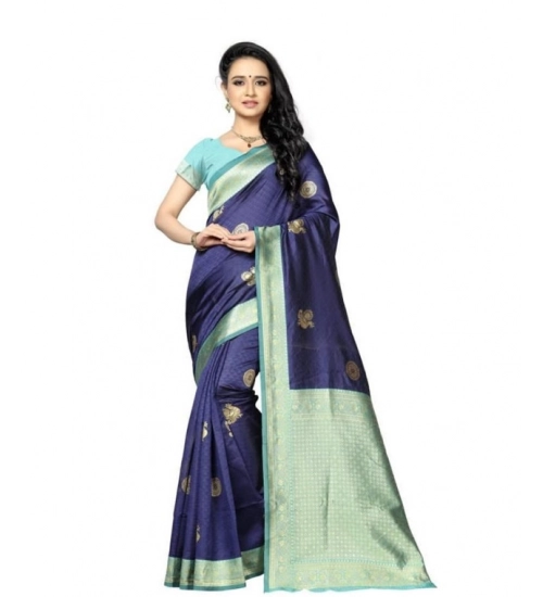 Generic Women's Soft Lichi Silk Printed Saree With Unstitched Blouse 5.5Mtr (Navy Blue)