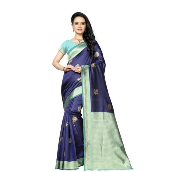 Generic Women's Soft Lichi Silk Printed Saree With Unstitched Blouse 5.5Mtr (Navy Blue)