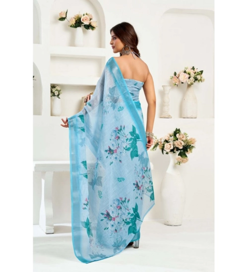 Generic Women's Linen Cotton Printed Ready To Wear Saree With Unstitched Blouse 5.5 Mtr (Sky_Blue) Generic Women's Linen Cotton Printed Ready To Wear Saree With Unstitched Blouse 5.5 Mtr (Sky_Blue)