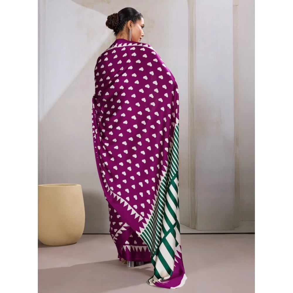 Women's Satin Crepe Printed Saree With Unstitched Blouse 5.5Mtr (Purple)