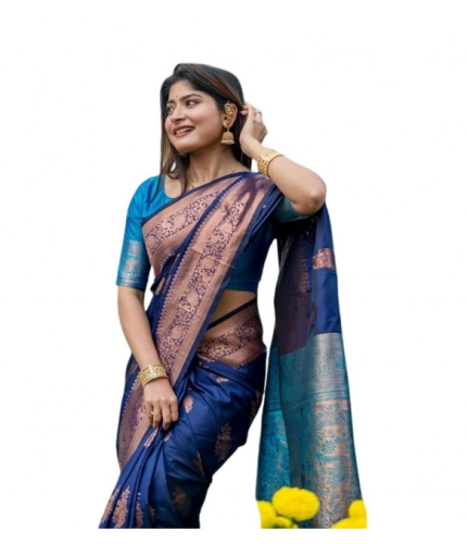 Generic Women's Katan_Silk Zari_Weaving Saree With Unstitched Blouse 5.5Mtr (Navy_Blue)