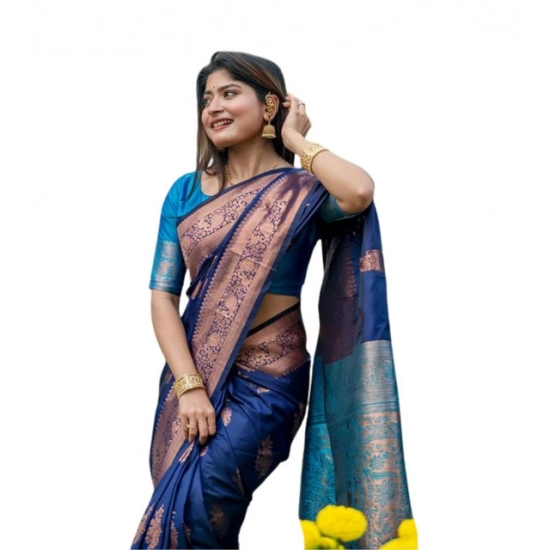 Generic Women's Katan_Silk Zari_Weaving Saree With Unstitched Blouse 5.5Mtr (Navy_Blue)
