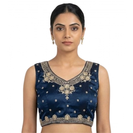 Generic Women's Silk Embroidered V-Neck Sleeveless Readymade Padded Blouse (Blue, Size 38) Generic Women's Silk Embroidered V-Neck Sleeveless Readymade Padded Blouse (Blue, Size 38)